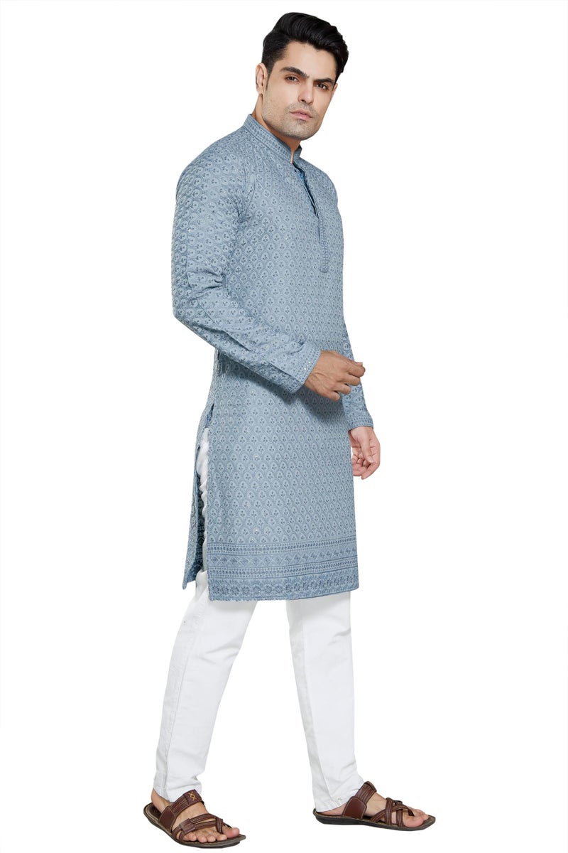 DIVISIVE Men's Sequince Embroidered Cotton Blend Slim Fit Kurta Pyjama Set (DKRT28_XXXL_Grey) - Image 2
