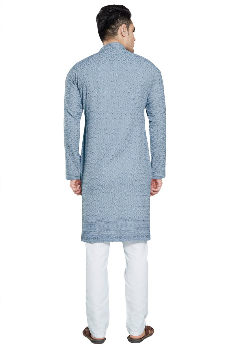 DIVISIVE Men's Sequince Embroidered Cotton Blend Slim Fit Kurta Pyjama Set (DKRT28_XXXL_Grey) - Image 4