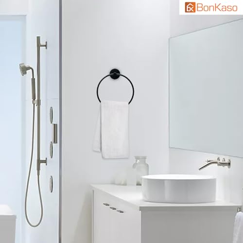 BonKaso 304 Stainless Steel Round Towel Ring – Wall Mounted Napkin Holder for Bathroom, Kitchen & Wash Basin | Rustproof Hand & Face Towel Hanger | Matte Black Finish | Space-Saving Design - Image 3