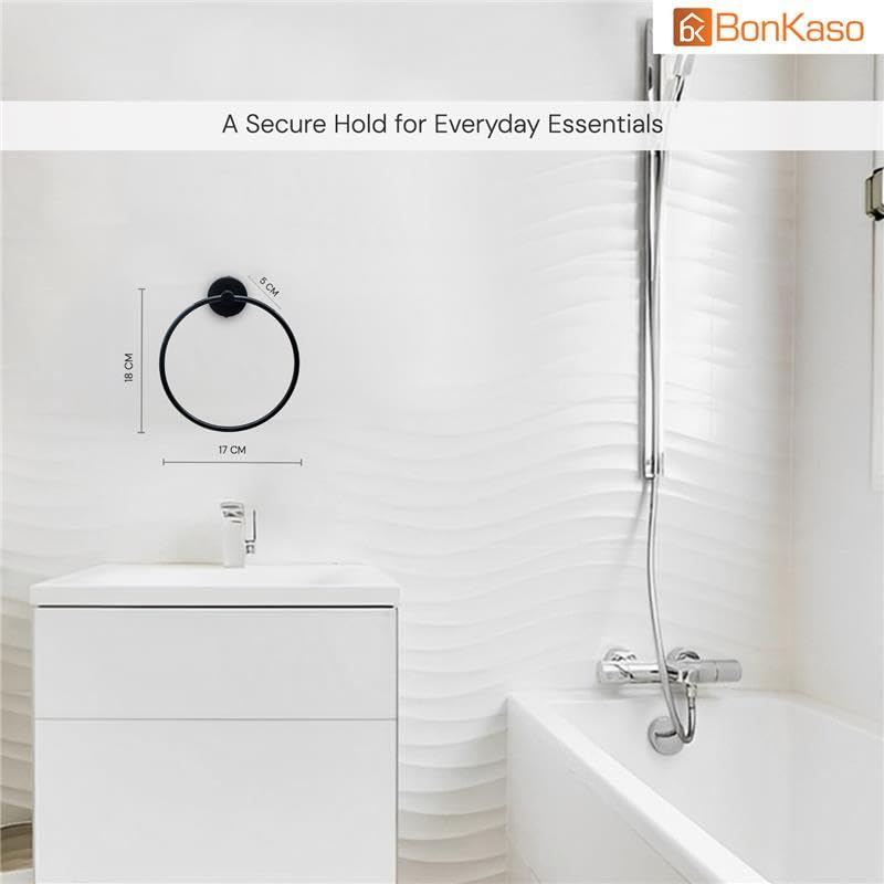 BonKaso 304 Stainless Steel Round Towel Ring – Wall Mounted Napkin Holder for Bathroom, Kitchen & Wash Basin | Rustproof Hand & Face Towel Hanger | Matte Black Finish | Space-Saving Design - Image 2