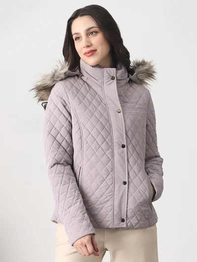 globus Globus Women Mauve Mock Neck Winter Wear Insulator Puffer Jacket With Detachable Faux Fur Hood