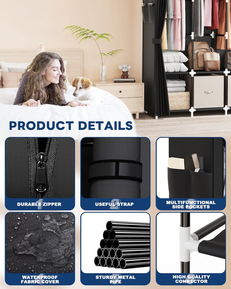 Mavivegue Clothes Organizer with 4 Hanging Rods, Portable Closet Wardrobe, Non-Woven Fabric Cover, Large Capacity Storage for Bedroom and Living Room,Black, 67" W x 17" D x 67" H - Image 3