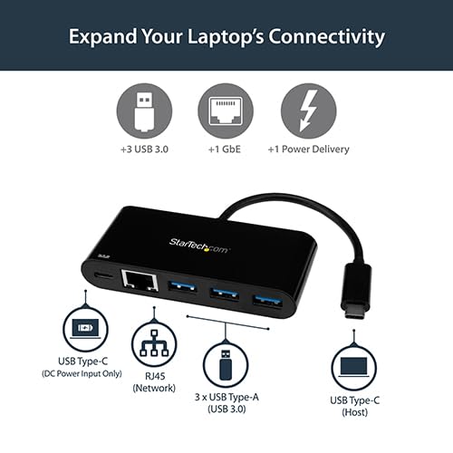 Startech.com StarTechcom USB C to Ethernet Adapter 3 Port with Power Delivery USB PD Power Pass Through Charging USB C Adapter US1GC303APD Black - Image 3