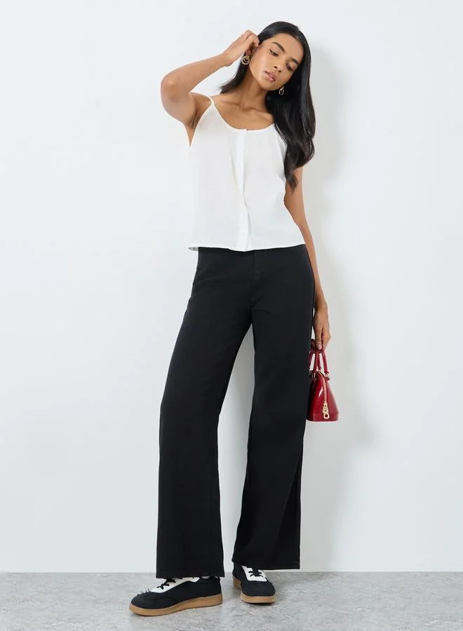 تايك تو Take Two Solid Mid Rise Wide Leg Jeans