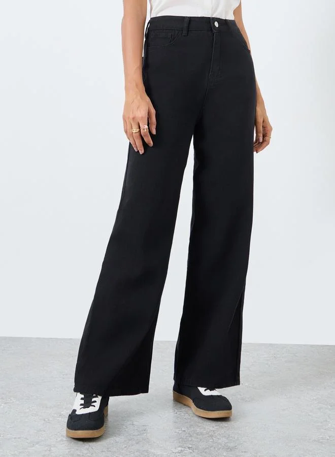 تايك تو Take Two Solid Mid Rise Wide Leg Jeans