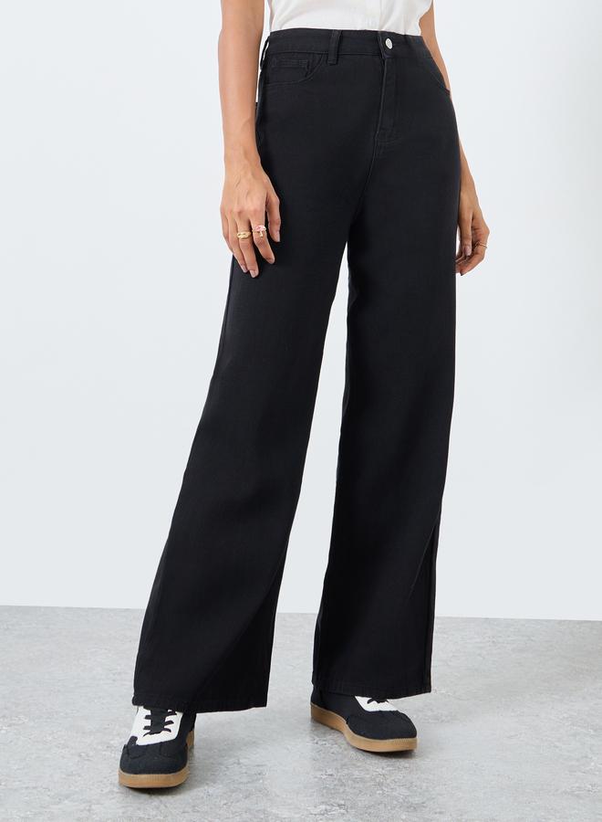 ستايلي جينز واسع الساق بخصر متوسط ​​صلب مزدوج - Image 2