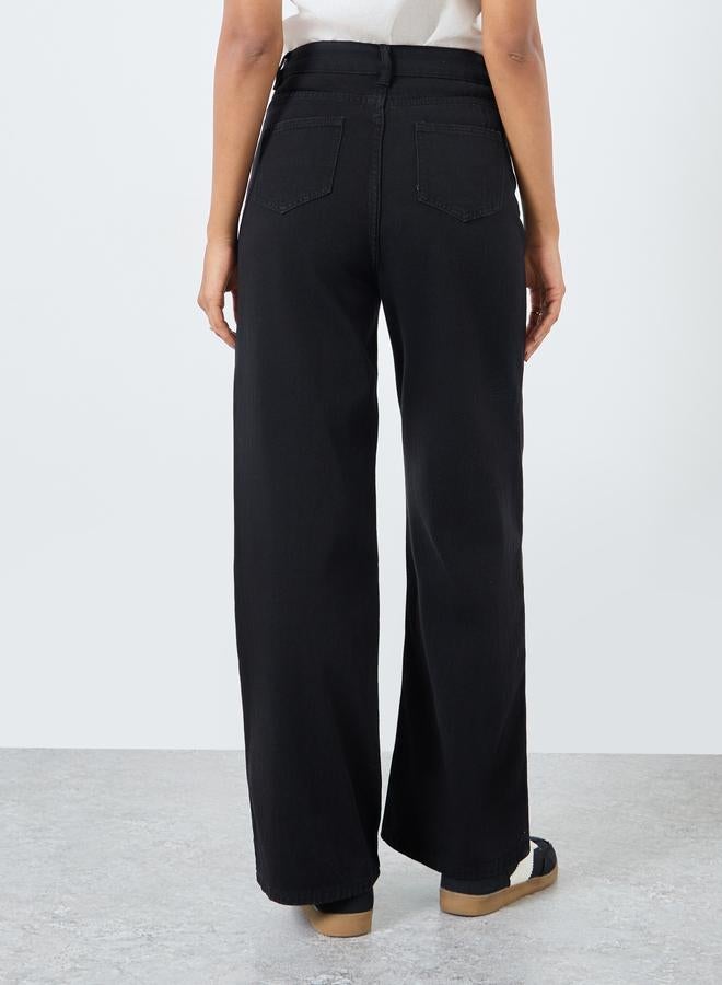 ستايلي جينز واسع الساق بخصر متوسط ​​صلب مزدوج - Image 4