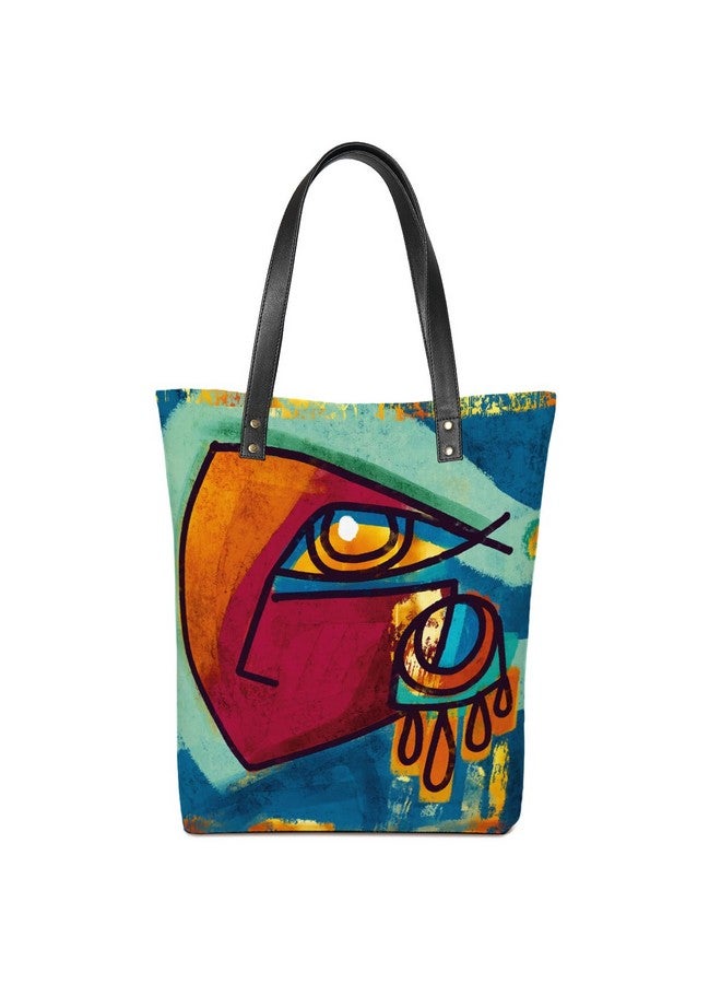 Kalankit Classic Tote Bag For Women | Canvas Printed Totes For Women | Aesthetic Shoulder College Bag For Girls | Tote Bag with Compartments | Vegan Leather | Gift for Loved Ones | Abstract Face