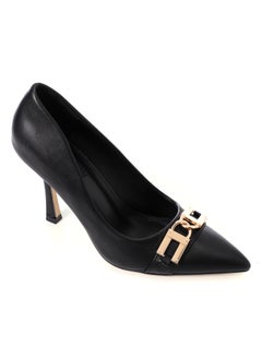 Pointed Toecap Black Leather Pumps With Gold Decorative Buckle