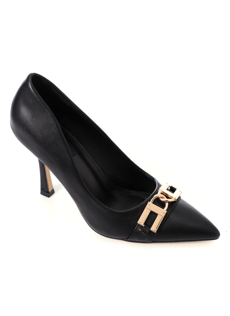 DejaVu - Pointed Toecap Black Leather Pumps With Gold Decorative Buckle - Image 1