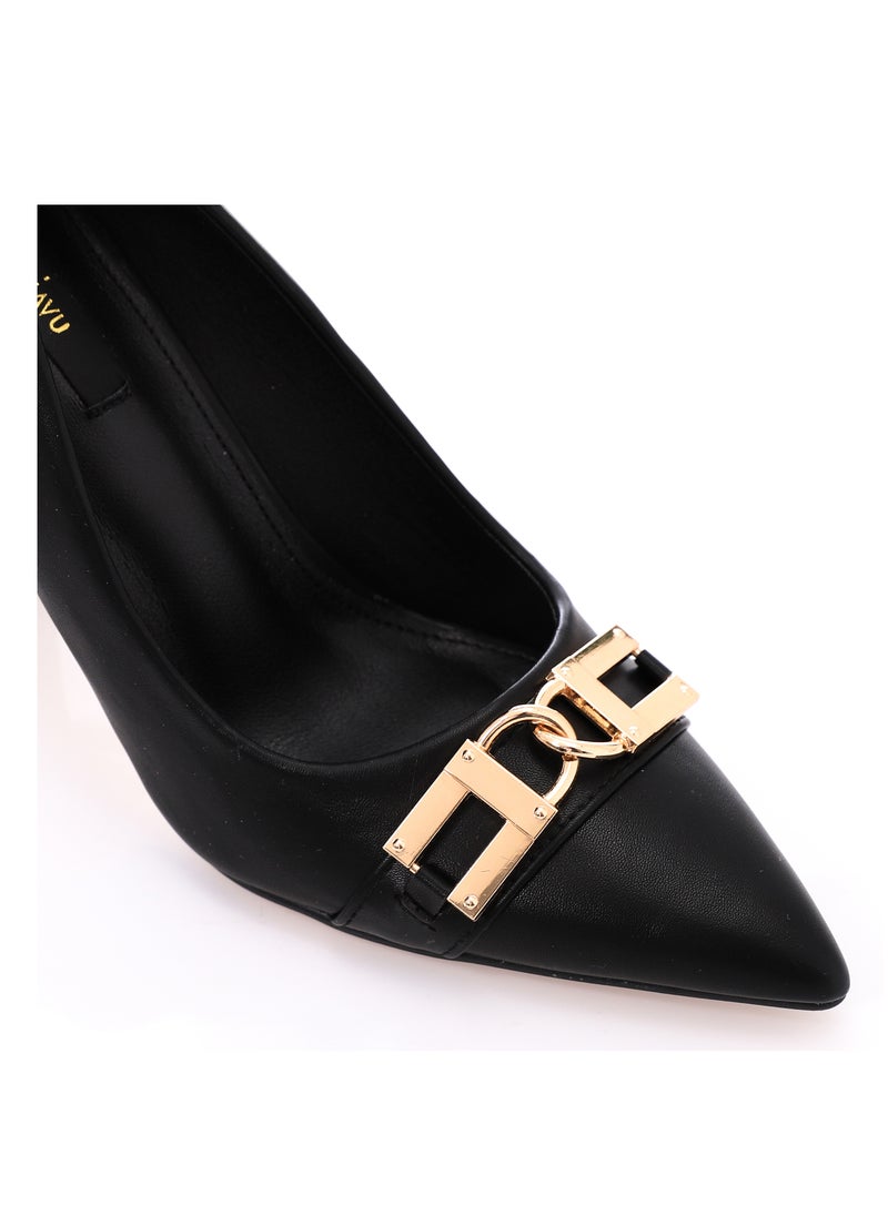 DejaVu - Pointed Toecap Black Leather Pumps With Gold Decorative Buckle - Image 1