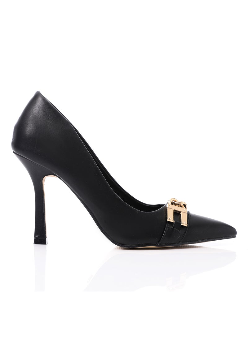 DejaVu - Pointed Toecap Black Leather Pumps With Gold Decorative Buckle - Image 1