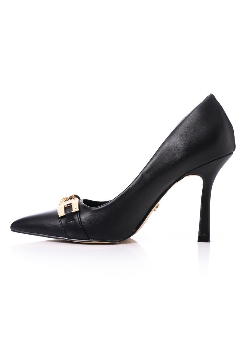 DejaVu - Pointed Toecap Black Leather Pumps With Gold Decorative Buckle - Image 1