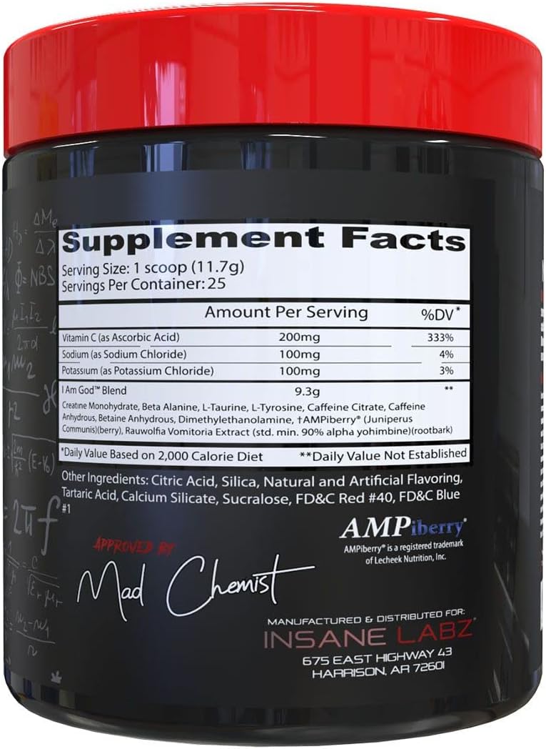 Insane Labz I am God Pre Workout High Stim Pre Workout Powder Loaded with Creatine and DMAE Bitartrate Fueled by AMPiberry Energy Focus Endurance Muscle Growth25 SrvgsDrink Ye All of It - Image 2