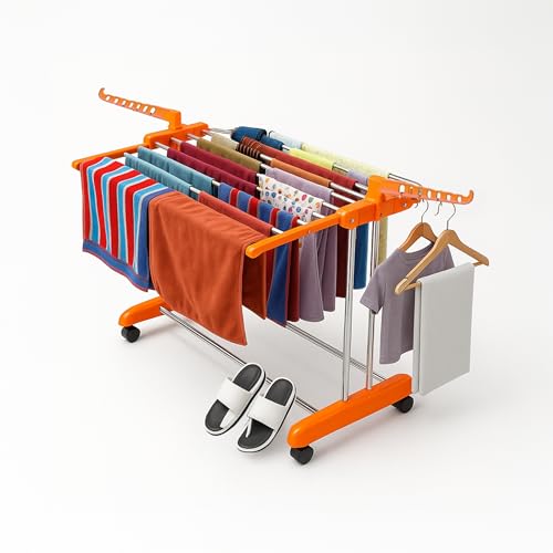HOUZA 1-Layer Stainless Steel Clothes Drying Stand with Wheels, Foldable Wings, Anti-Rust Portable Cloth Dryer Rack for Indoor & Outdoor Use (Orange) - Image 1