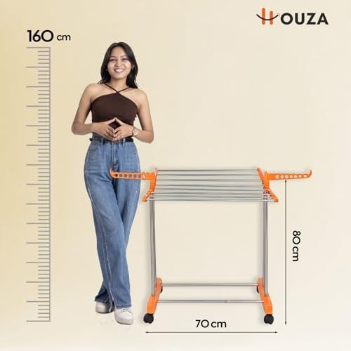 HOUZA 1-Layer Stainless Steel Clothes Drying Stand with Wheels, Foldable Wings, Anti-Rust Portable Cloth Dryer Rack for Indoor & Outdoor Use (Orange) - Image 4
