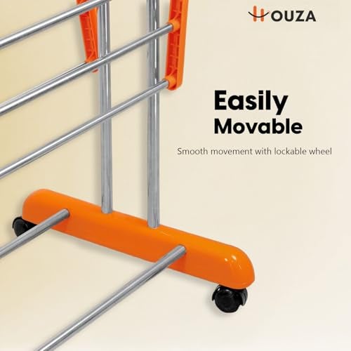 HOUZA 1-Layer Stainless Steel Clothes Drying Stand with Wheels, Foldable Wings, Anti-Rust Portable Cloth Dryer Rack for Indoor & Outdoor Use (Orange) - Image 3