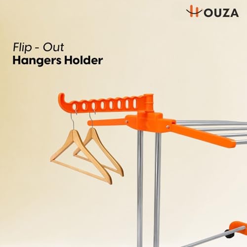 HOUZA 1-Layer Stainless Steel Clothes Drying Stand with Wheels, Foldable Wings, Anti-Rust Portable Cloth Dryer Rack for Indoor & Outdoor Use (Orange) - Image 2