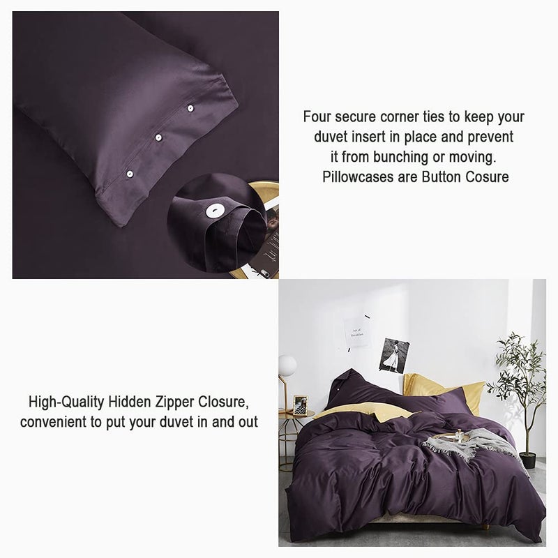 EAVD Modern Style Dark Purple Duvet Cover King Soft Cotton Reversible Purple Bedding with 2 Button Pillowcases Luxury Solid Color Dark Purple Comforter Set with Zipper Closure - Image 4