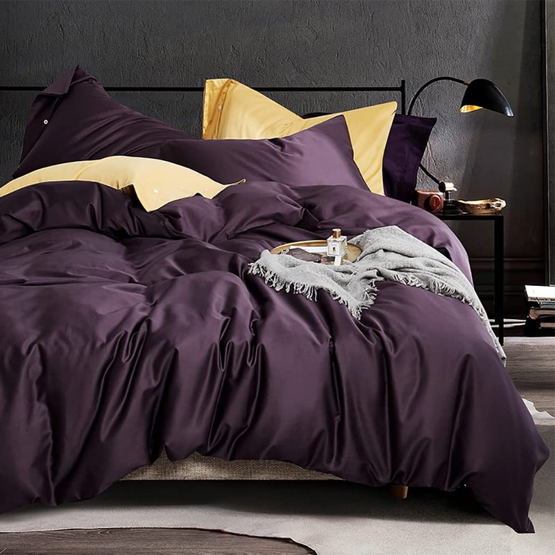 EAVD Modern Style Dark Purple Duvet Cover King Soft Cotton Reversible Purple Bedding with 2 Button Pillowcases Luxury Solid Color Dark Purple Comforter Set with Zipper Closure - Image 1