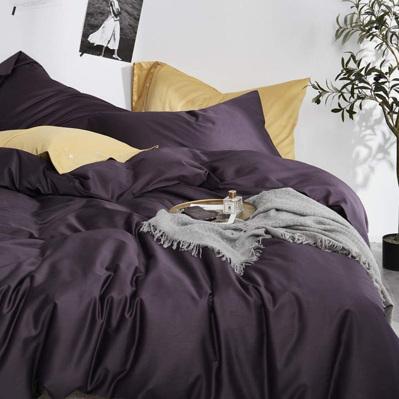EAVD Modern Style Dark Purple Duvet Cover King Soft Cotton Reversible Purple Bedding with 2 Button Pillowcases Luxury Solid Color Dark Purple Comforter Set with Zipper Closure - Image 3
