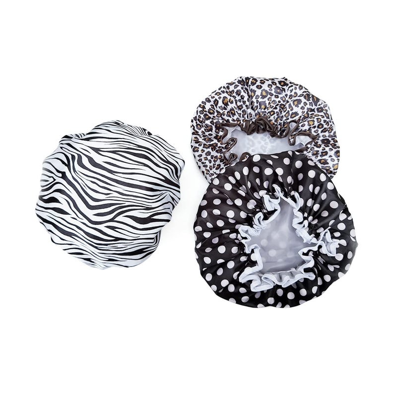 HOMESJUN Shower Cap, 3 Packs Waterproof Reusable Bath Caps for Women Hair, Double Layers Elastic Shower Hat Hair Protection - Image 1