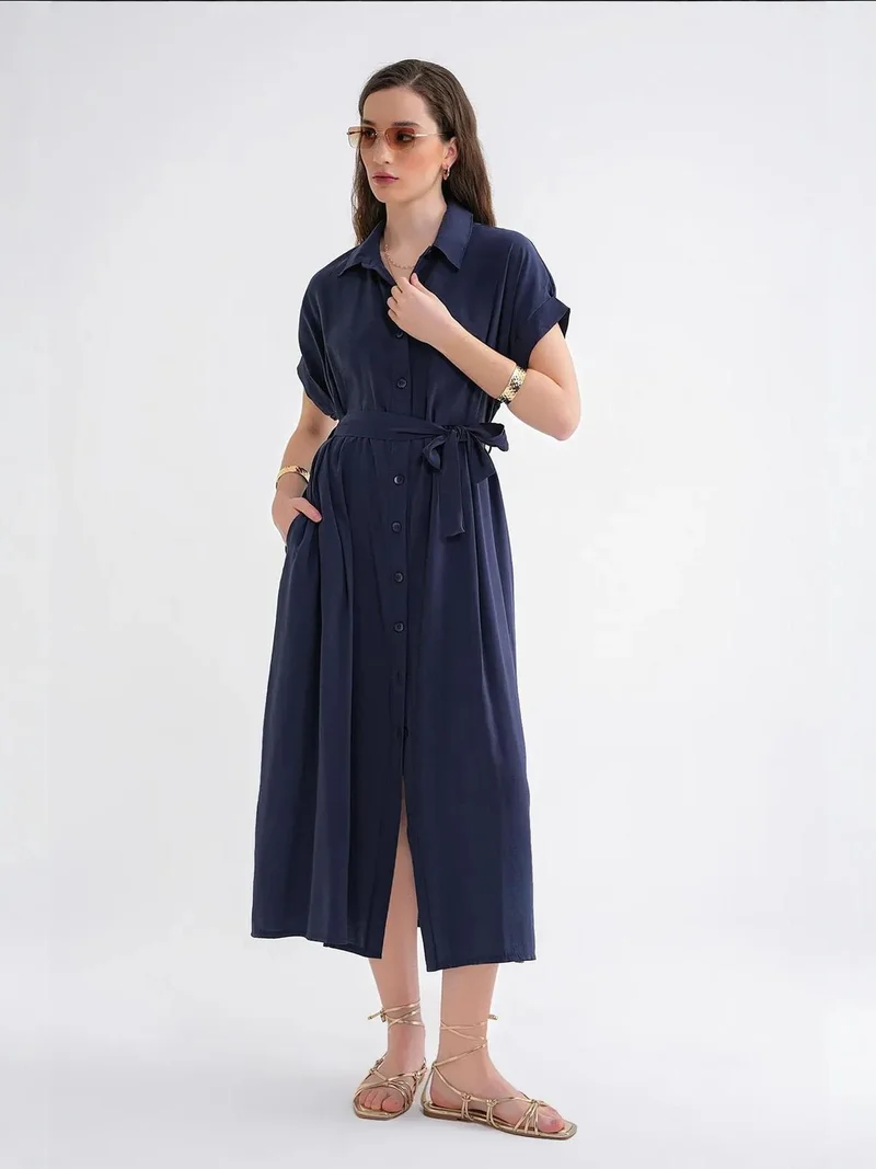 MixRay Navy Blue Mixray Belted Shirt Dress for Women | Best Price UAE