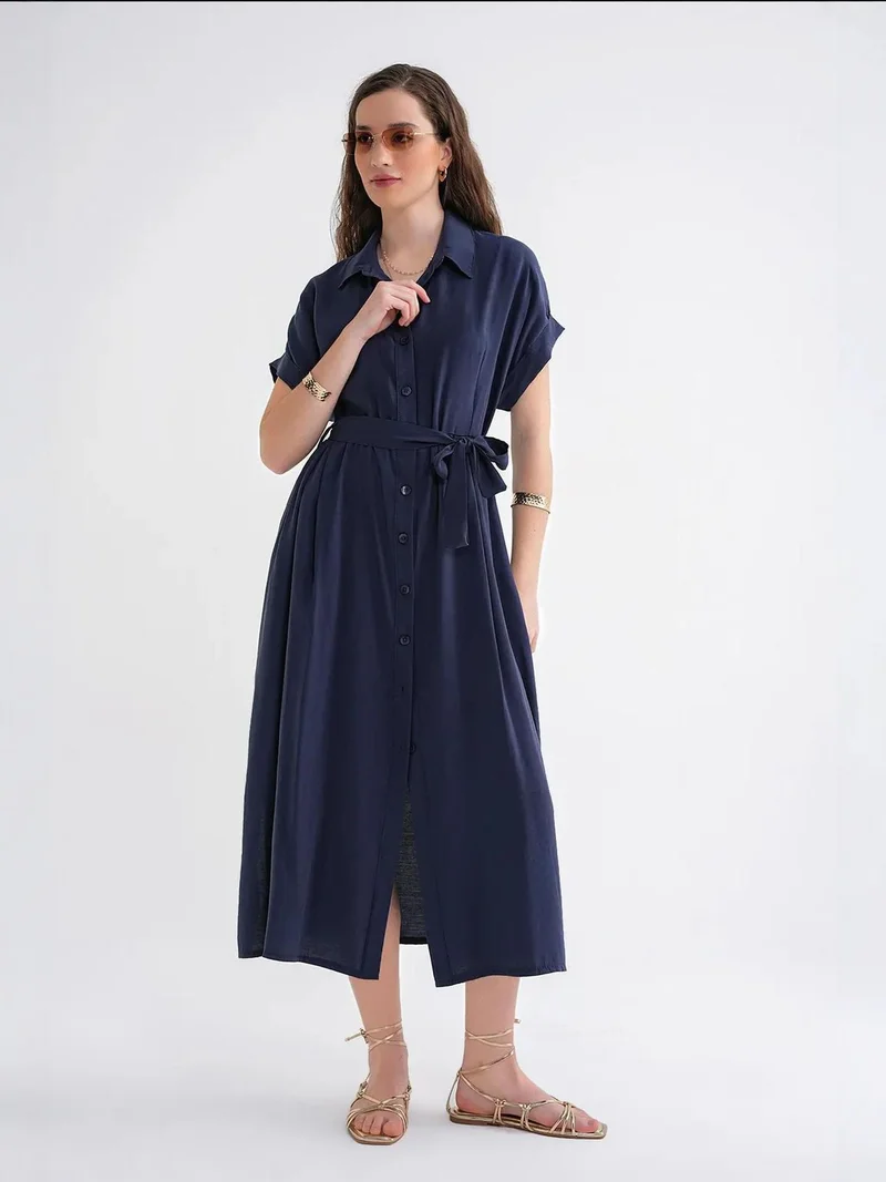 MixRay Navy Blue Mixray Belted Shirt Dress for Women | Best Price UAE