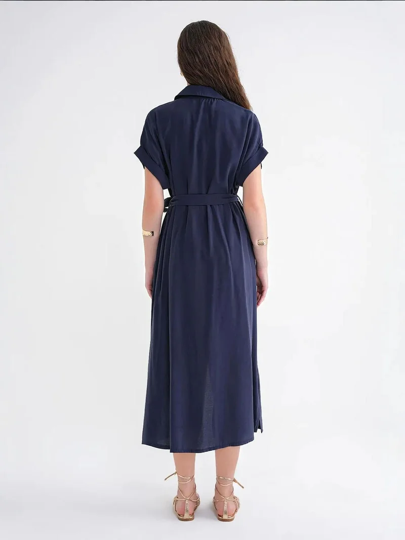 MixRay Navy Blue Mixray Belted Shirt Dress for Women | Best Price UAE