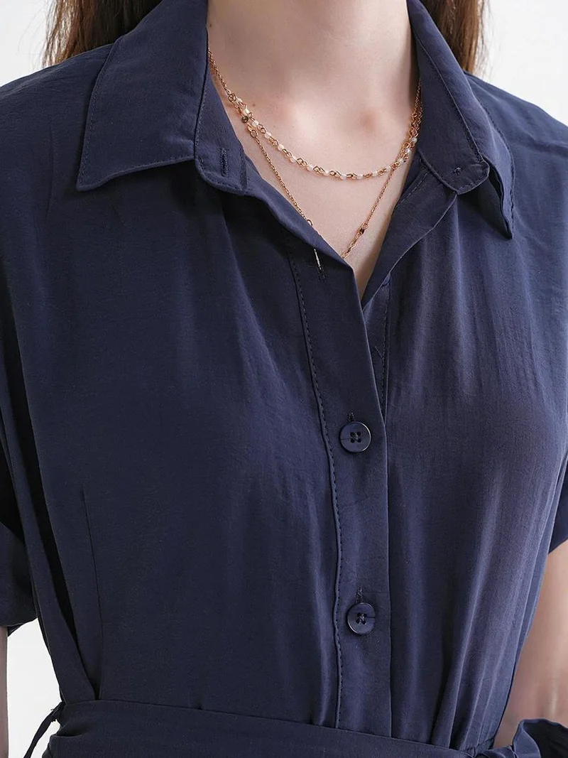MixRay Navy Blue Mixray Belted Shirt Dress for Women | Best Price UAE