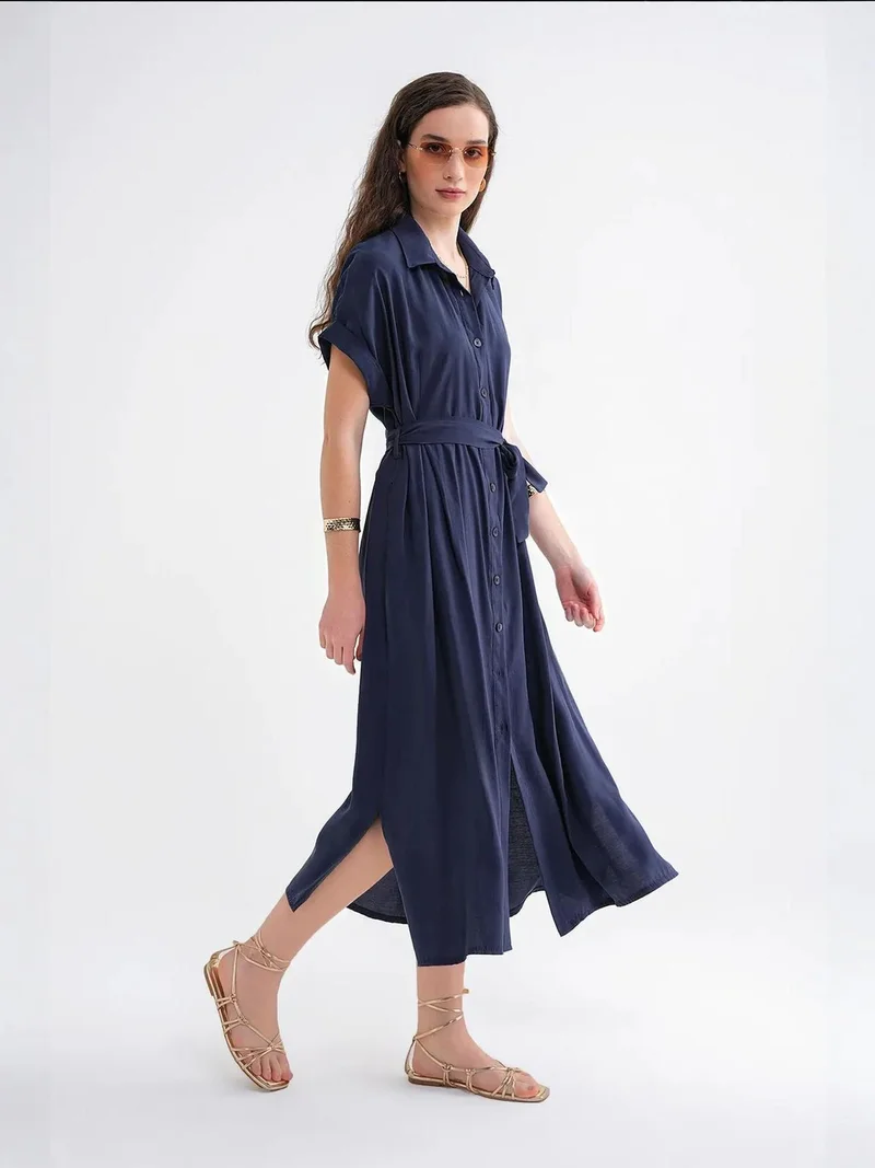 MixRay Navy Blue Mixray Belted Shirt Dress for Women | Best Price UAE