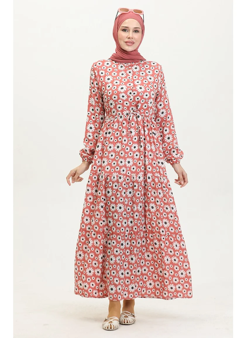 Sefa Merve Daisy Pattern Viscose Dress 0416-04 Dusty Rose