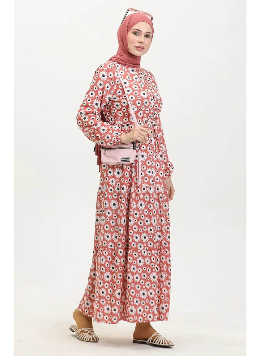 Sefa Merve Daisy Pattern Viscose Dress 0416-04 Dusty Rose