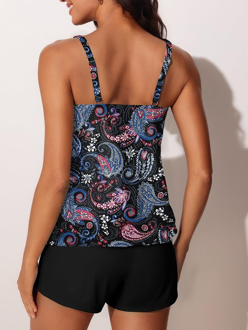 Summer Mae Blouson Womens Tankini Swimsuits 2026 Modest Tummy Control Bathing Suits Swim Shorts with Pockets for Beach Black Paisley Size 12 - Image 2