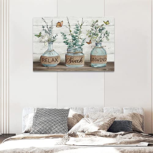Tijuboni Farmhouse Bathroom Decor Wall Art Rustic Eucalyptus Pictures Canvas Prints Country Relax Soak Unwind Bathroom Sign Green Botanical Butterfly Artwork Modern Home Decor Ready to Hang 16"x24" - Image 2