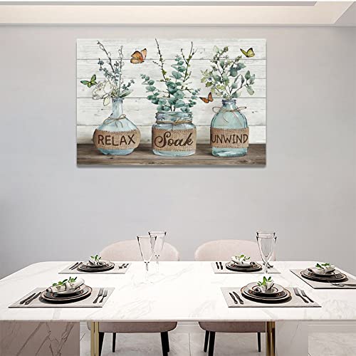 Tijuboni Farmhouse Bathroom Decor Wall Art Rustic Eucalyptus Pictures Canvas Prints Country Relax Soak Unwind Bathroom Sign Green Botanical Butterfly Artwork Modern Home Decor Ready to Hang 16"x24" - Image 3