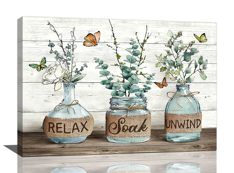 Tijuboni Farmhouse Bathroom Decor Wall Art Rustic Eucalyptus Pictures Canvas Prints Country Relax Soak Unwind Bathroom Sign Green Botanical Butterfly Artwork Modern Home Decor Ready to Hang 16"x24" - Image 1