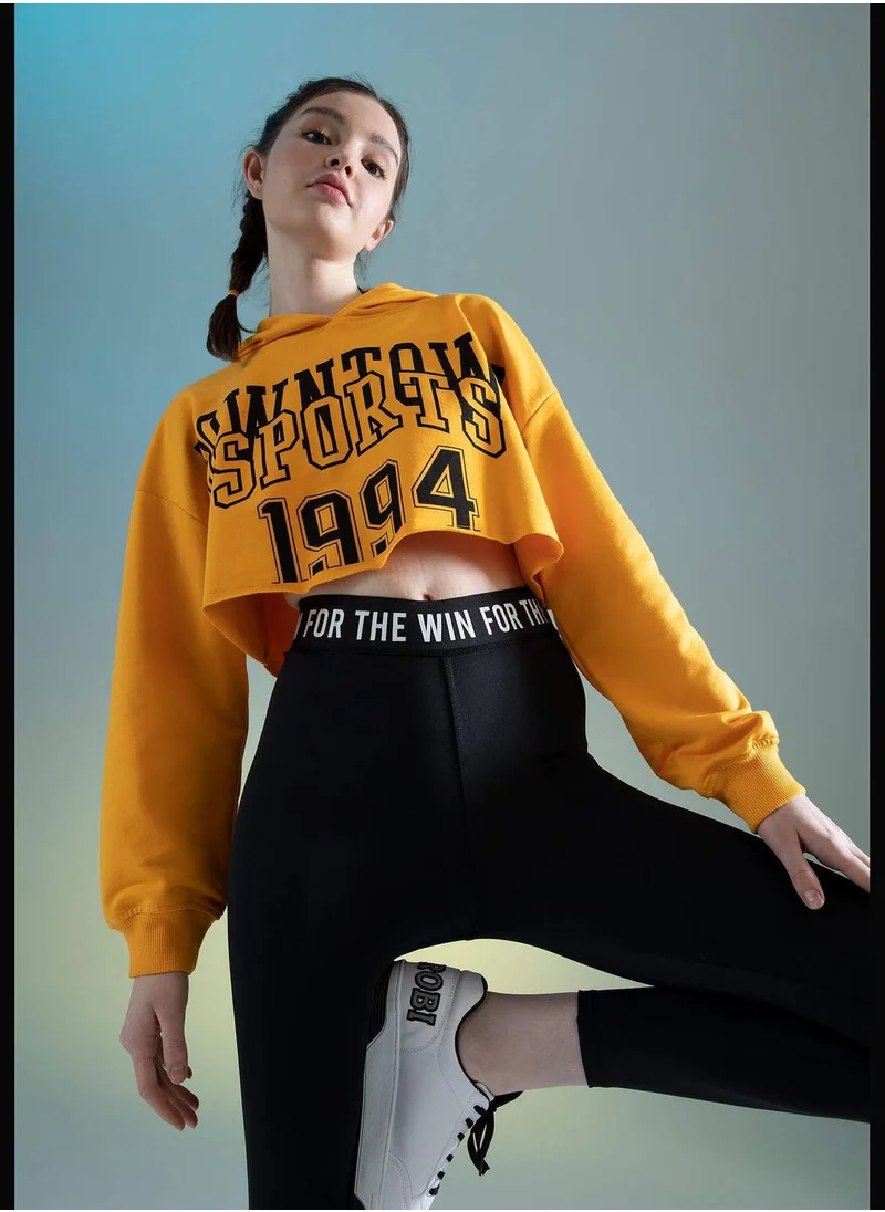 DeFacto Long Sleeve Printed Crop Hoodie