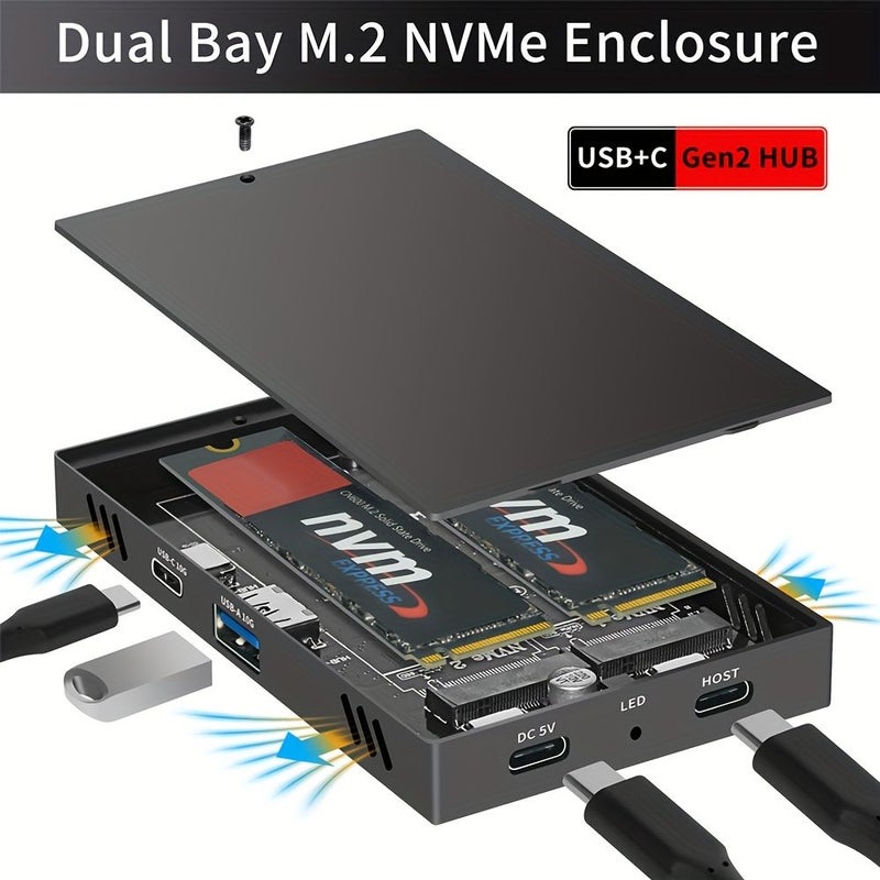 منصة توصيل 2 فتحات للأقراص الصلبة باللون الرمادي الداكن متوافقة مع M.2 PCIe NVMe SSD تدعم قراءة متزامنة لقرصي NVMe SSD - Image 1