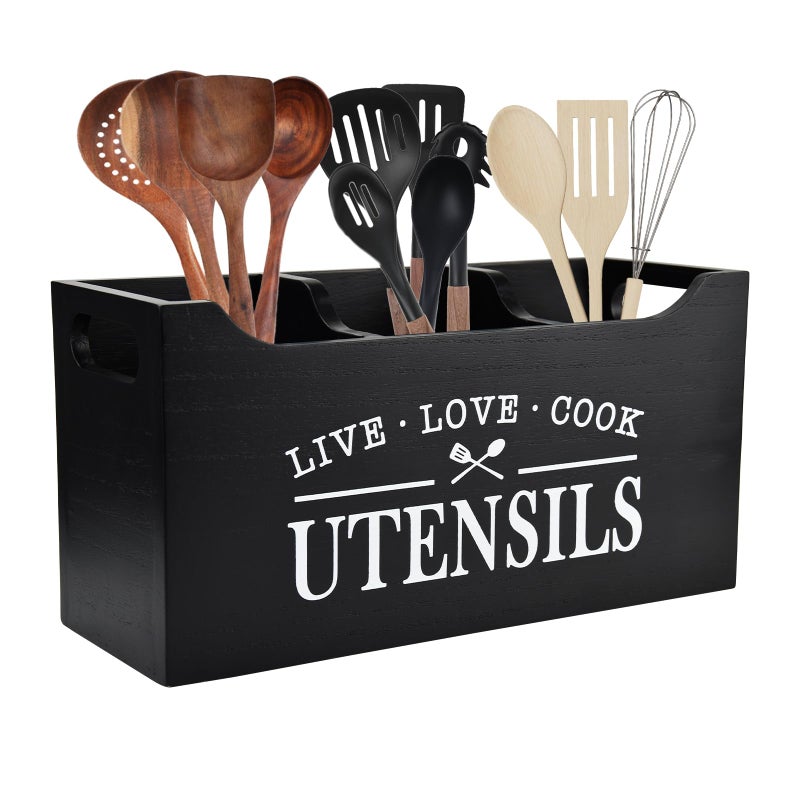 Karisky Kitchen Utensil Holder with Drainage Bottom Large 3 Compartments Solid Real Wood Utensil Organizer for Kitchen Counter Farmhouse Cooking Tools Storage for Countertop Black