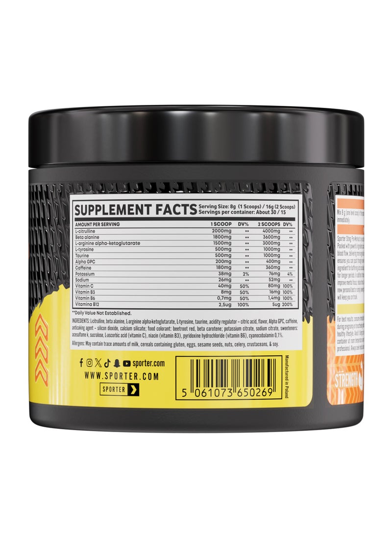 SPORTER Sporter Sting Pre-Workout – Fruit Punch | 30 Servings | Energy, Strength & Focus Booster | 180mg Caffeine | L-Citrulline, Beta-Alanine & B-Vitamins | Sugar-Free | Dietary Supplement – 240g  - Image 2