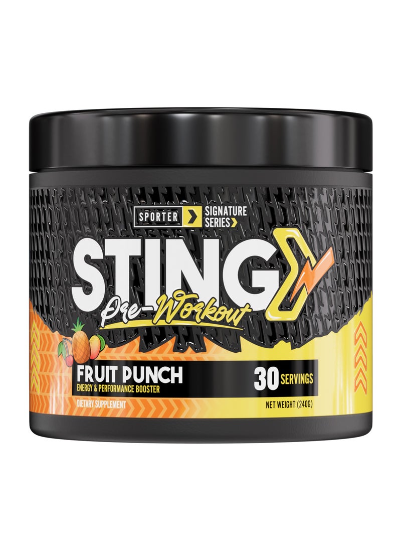 SPORTER Sporter Sting Pre-Workout – Fruit Punch | 30 Servings | Energy, Strength & Focus Booster | 180mg Caffeine | L-Citrulline, Beta-Alanine & B-Vitamins | Sugar-Free | Dietary Supplement – 240g  - Image 1