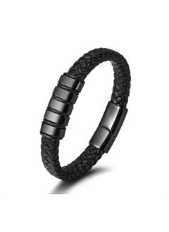 MARIO DRAFTS Men's Braided Leather Bracelet, Black Stainless Steel Clasp, Woven Design  - Image 1