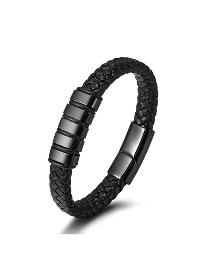 MARIO DRAFTS Men's Braided Leather Bracelet, Black Stainless Steel Clasp, Woven Design - Image 1