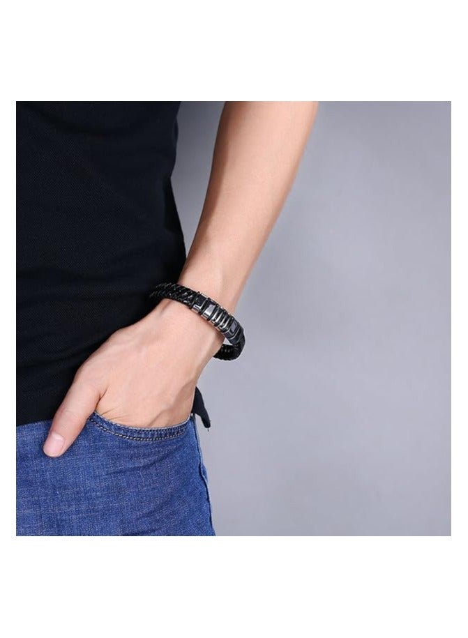 MARIO DRAFTS Men's Braided Leather Bracelet, Black Stainless Steel Clasp, Woven Design - Image 2
