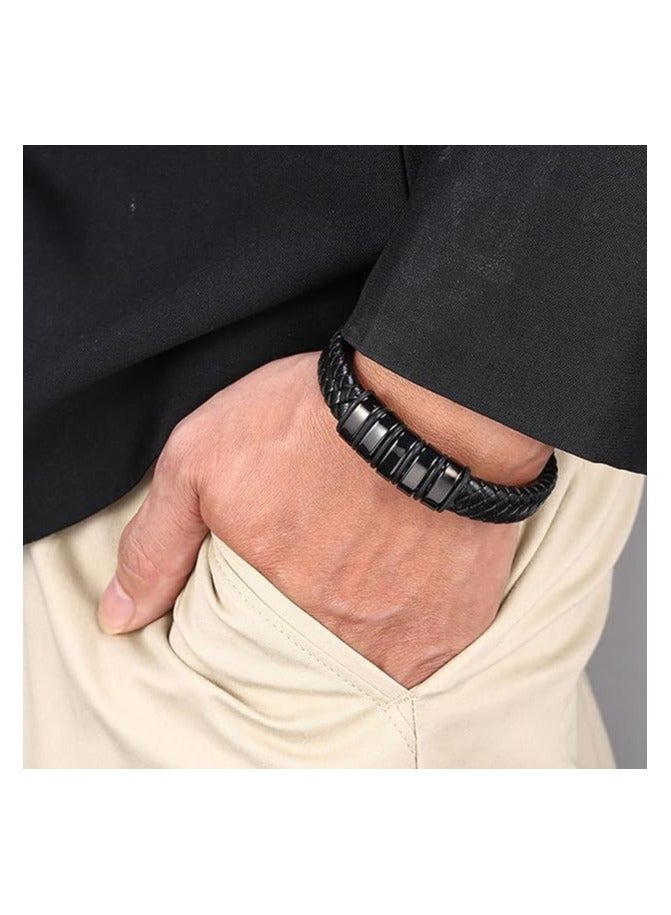 MARIO DRAFTS Men's Braided Leather Bracelet, Black Stainless Steel Clasp, Woven Design - Image 3