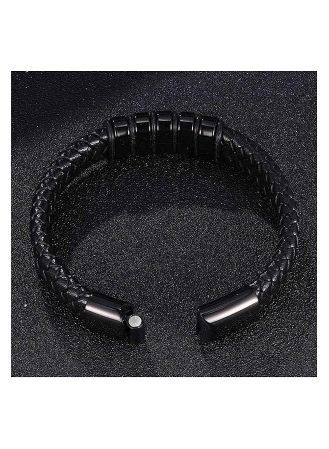 MARIO DRAFTS Men's Braided Leather Bracelet, Black Stainless Steel Clasp, Woven Design - Image 4
