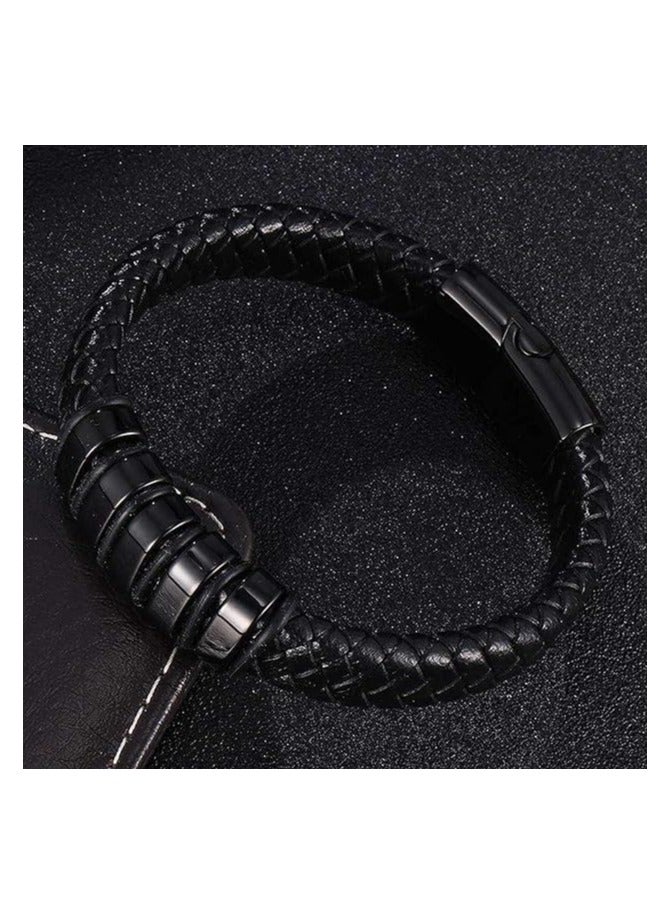 MARIO DRAFTS Men's Braided Leather Bracelet, Black Stainless Steel Clasp, Woven Design - Image 5