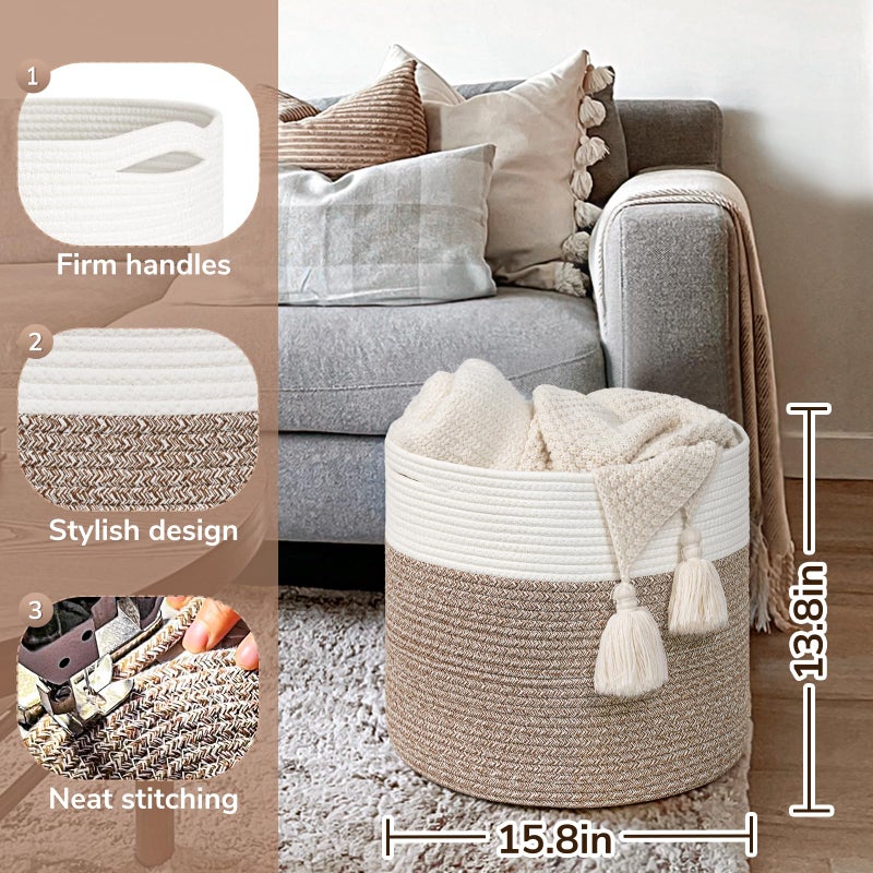 Goodpick 15.8 x 15.8 x 13.8 Inches Blanket Basket - Cotton Rope Baskets for Blankets & Toys, Nursery & Living Room Decor (Soft Material Design) - Image 4