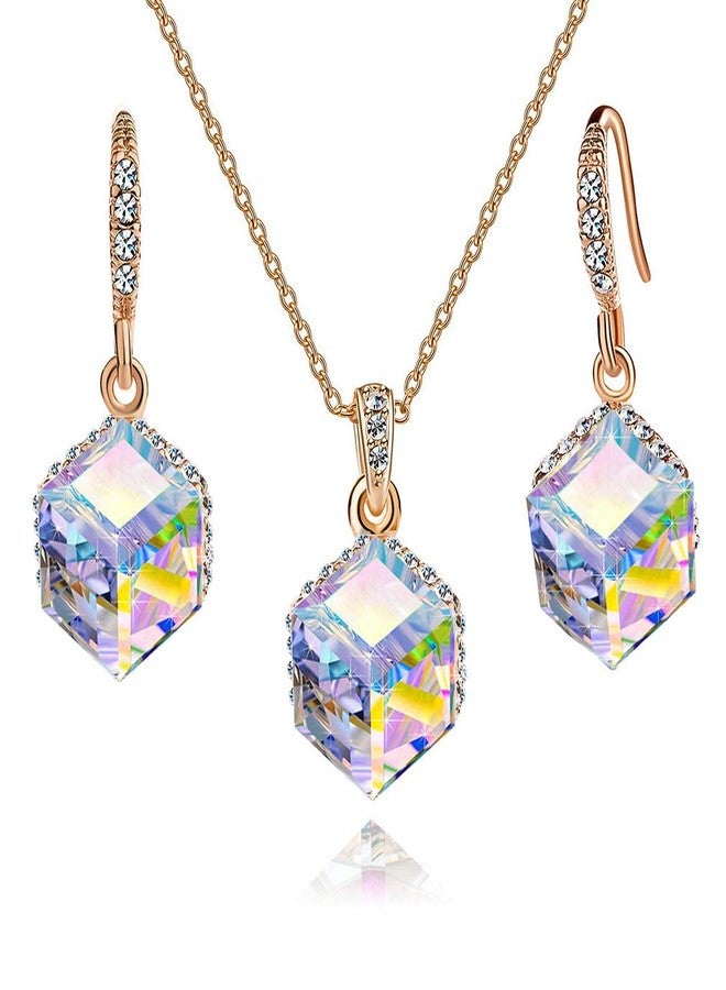 EVEVIC Colorful Cubic Austrian Crystal Pendant Necklace Earrings for Women 14K Gold Plated Hypoallergenic Jewelry Set (Aurora Borealis) - Image 1